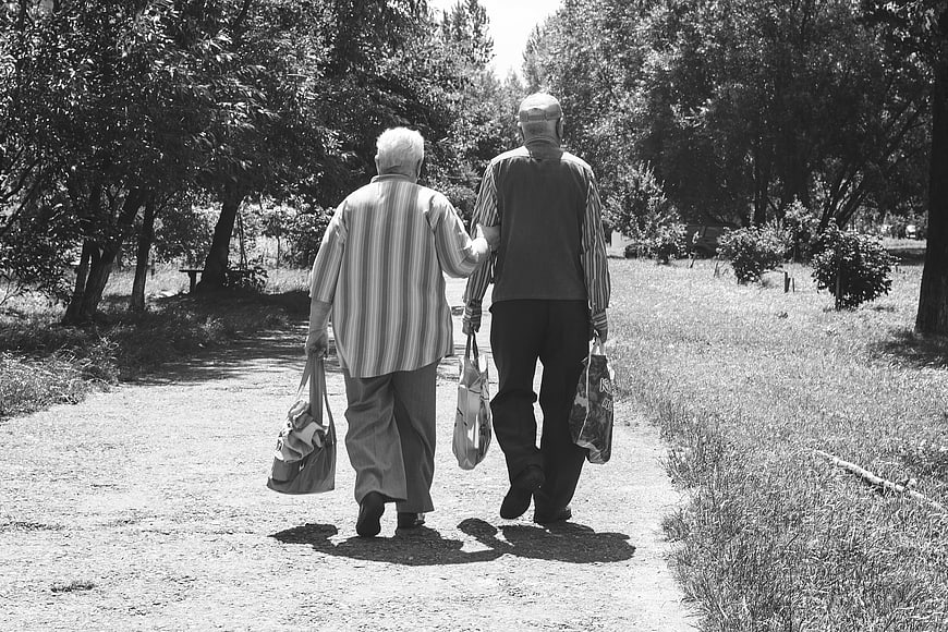 Senior couple walking away with bags on a sunny path