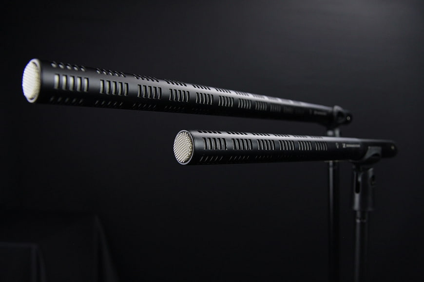Two black condenser microphones on stands against dark background