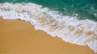 Aerial View of Turquoise Ocean Waves Washing on Golden Sand