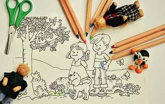 Coloring page with children, pencils, and wooden toys on white background