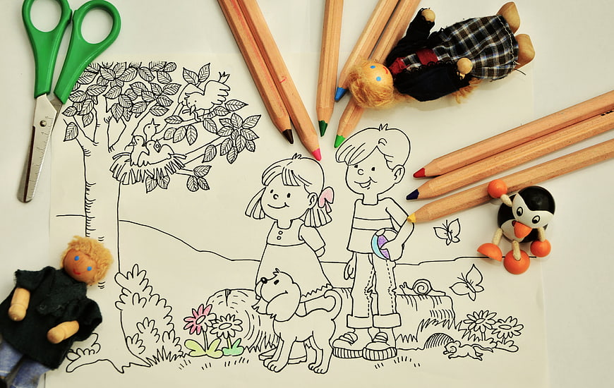 Coloring page with children, pencils, and wooden toys on white background