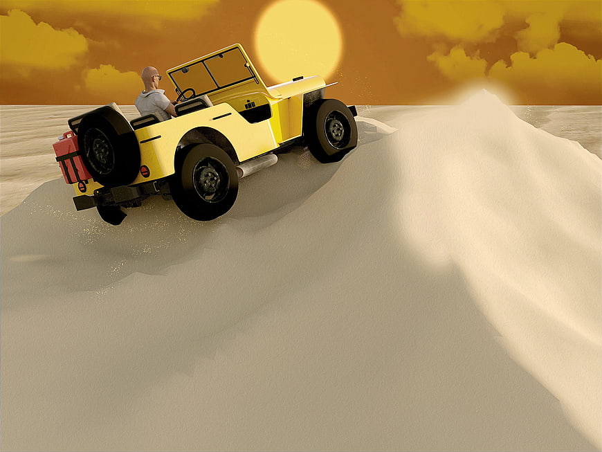 Yellow Jeep Driving on Sand Dunes at Sunset