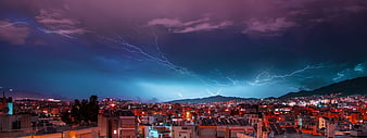 Panoramic Lightning Storm Over Athens Cityscape at Night
