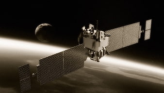 Space Satellite Orbiting Planet With Moon In Deep Space