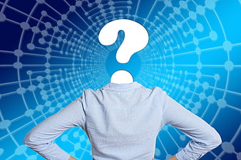 Woman with question mark head against digital network background