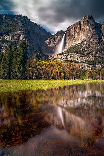 Yosemite Falls Reflection in Merced River with Autumn Trees