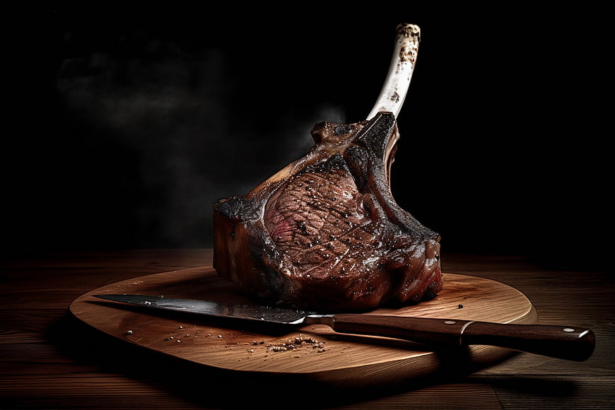 Sizzling Tomahawk Steak on Wooden Board with Knife