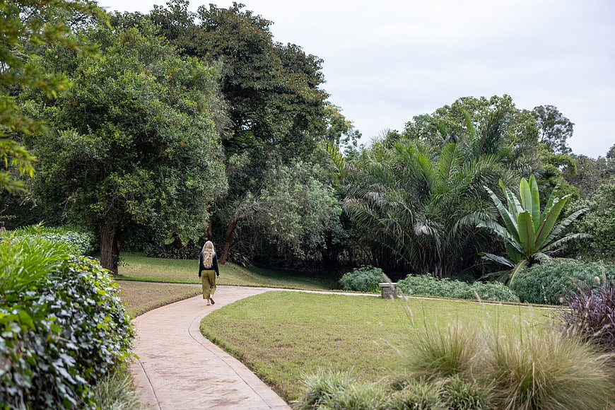 Woman Walking Away on Path in Lush Tropical Garden