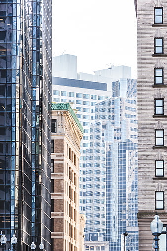 Vertical Cityscape of Modern and Historic Skyscrapers