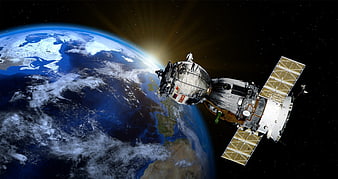 Soyuz spacecraft orbiting Earth with sunrise