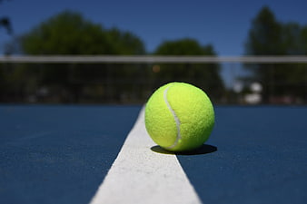 Tennis ball on blue court line close-up