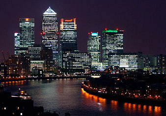 Canary Wharf London Skyline at Night with River Reflections