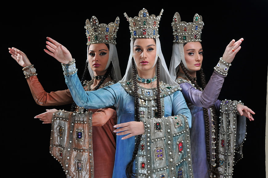 Three Georgian Dancers in Traditional Royal Costumes