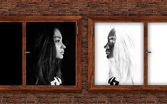 Conceptual Portrait of Woman in Windows on Brick Wall