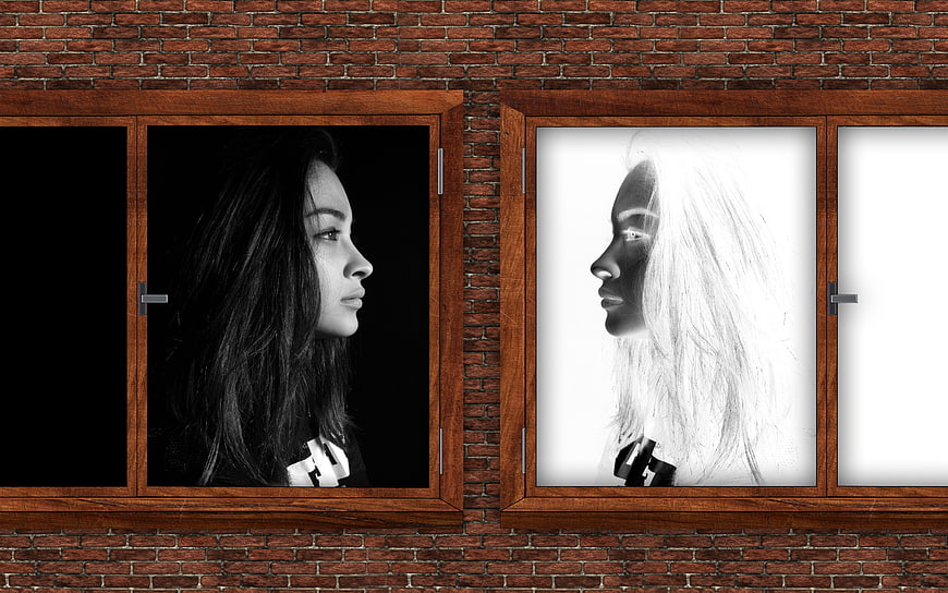 Conceptual Portrait of Woman in Windows on Brick Wall