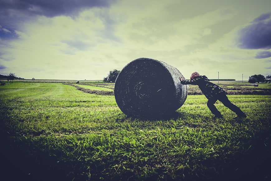 Child Pushing Large Hay Bale in Green Field