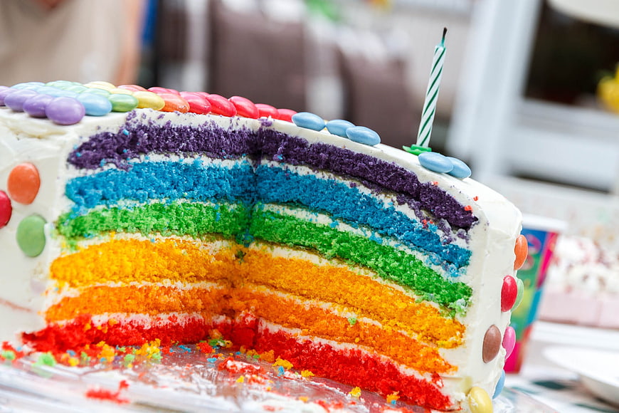 Colorful Rainbow Layer Cake with Candy Toppings