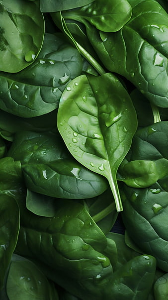 Fresh Green Spinach Leaves with Water Droplets