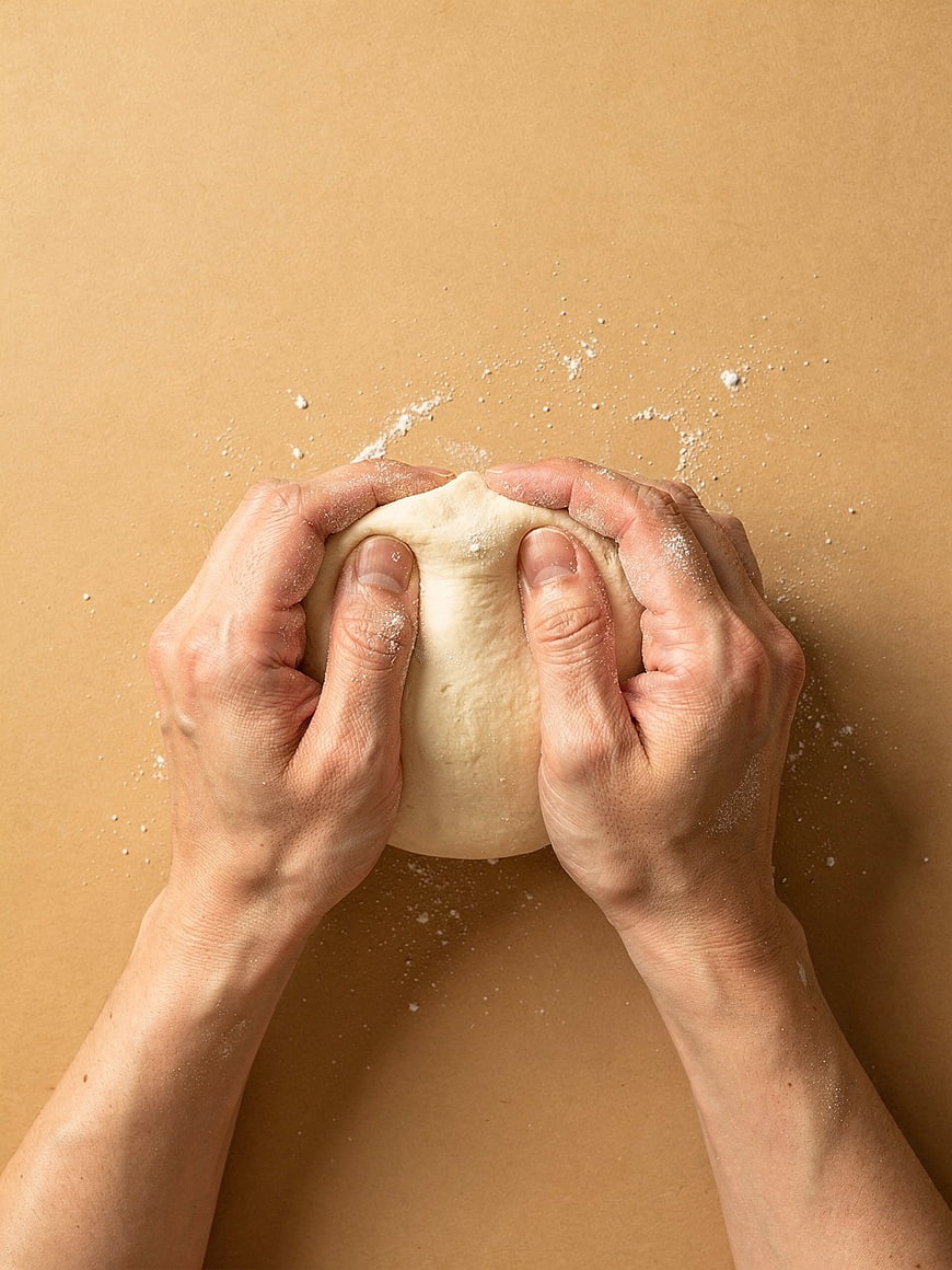 Hands kneading fresh dough on brown background with flour