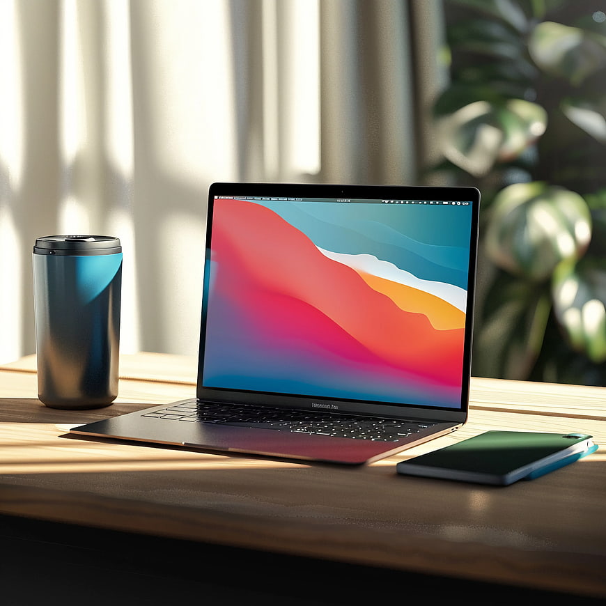 Modern Workspace with Laptop, Smartphone, and Coffee Cup