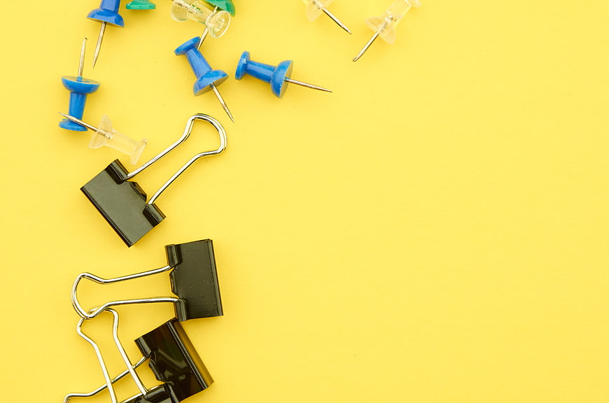 Office Supplies Flat Lay on Yellow Background