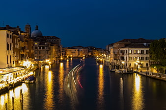 Long Exposure Night View of Venice Grand Canal with Light Trails