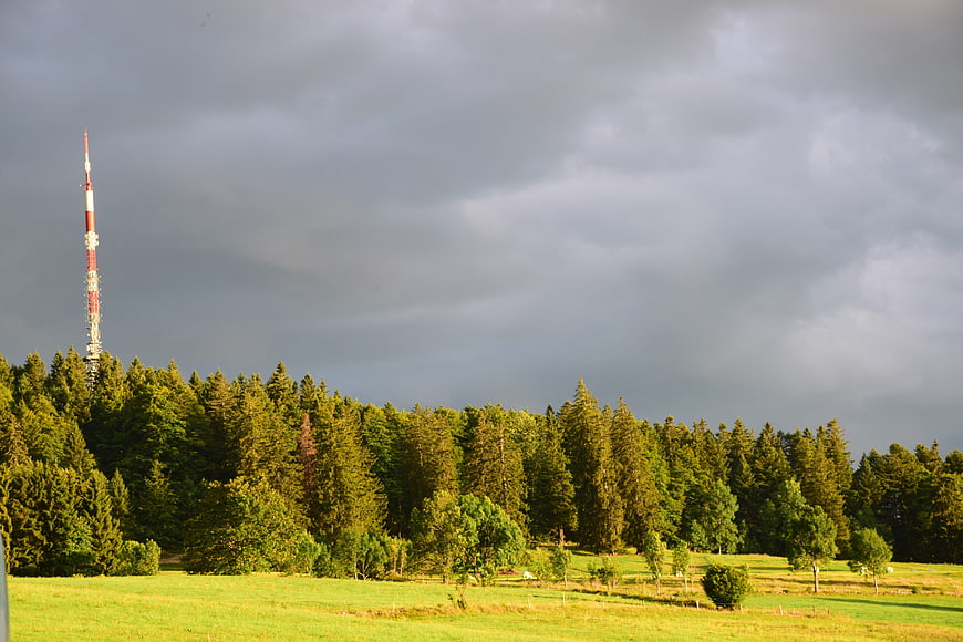 Dramatic landscape with forest, meadow, and radio tower under storm clouds