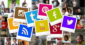 Social media icons collage on polaroid frames with blurred background