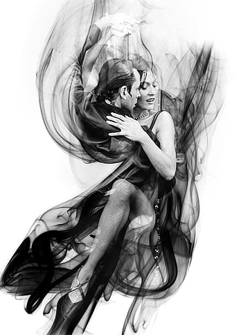 Black and white double exposure of a dancing couple in smoke