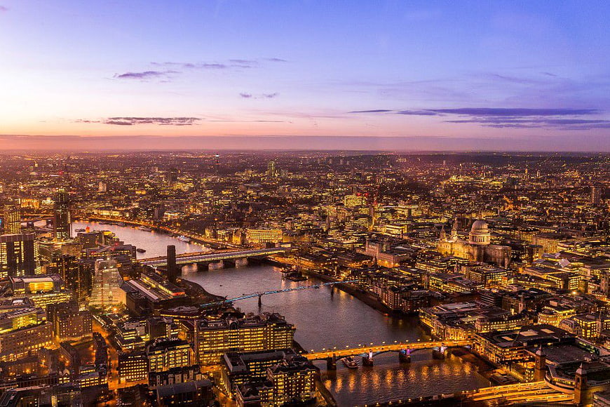 Aerial View of London Skyline at Sunset with River Thames