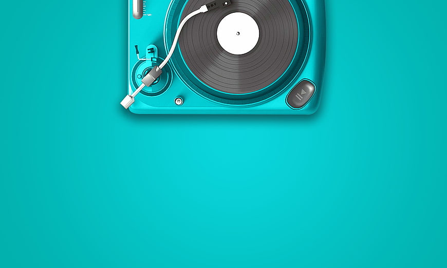 Top View of Retro Blue Turntable on Teal Background