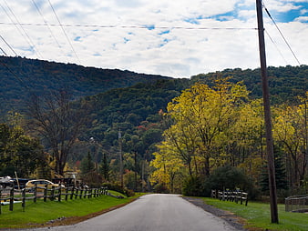 Rural Country Road with Autumn Foliage and Blue Sky