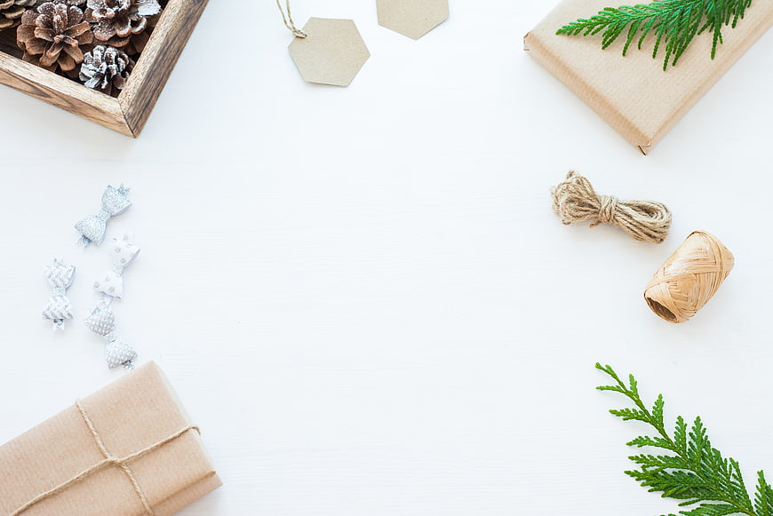 Minimalist Christmas Gift Wrapping Flat Lay with Copyspace