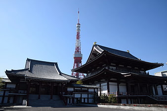 Tokyo Tower Behind Traditional Japanese Temple Architecture