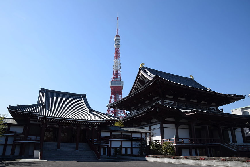Tokyo Tower Behind Traditional Japanese Temple Architecture