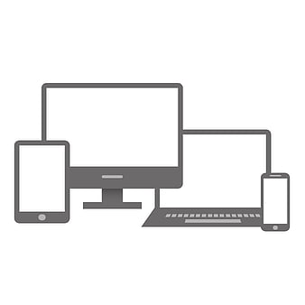 Gray line art icon of desktop, laptop, tablet, and smartphone