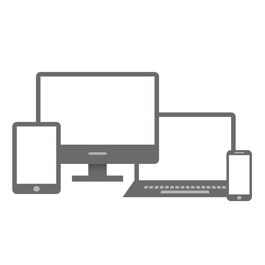 Gray line art icon of desktop, laptop, tablet, and smartphone