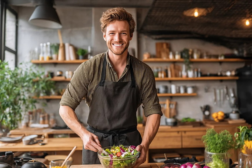 Smiling Male Chef Preparing Fresh Salad in Rustic Kitchen