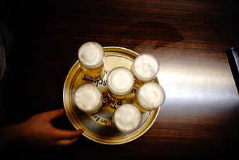 Overhead view of six beer glasses on a tray