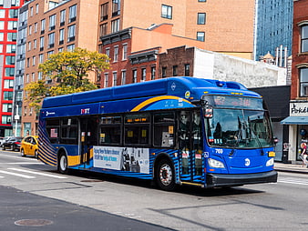 Blue MTA Bus Driving on City Street