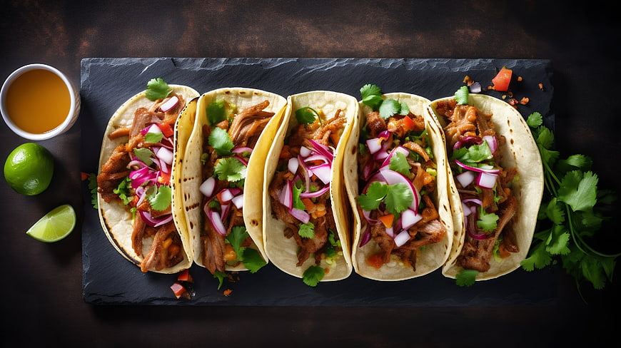 Top View of Five Tacos on Slate Board with Lime and Salsa