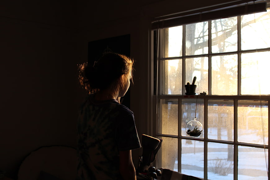 Woman Silhouette Looking Out Window at Snowy Winter Scene