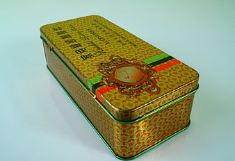 Vintage Gold Patterned Metal Tin Box with Ornate Design