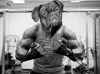Muscular Dog Head on Bodybodybuilder in Gym