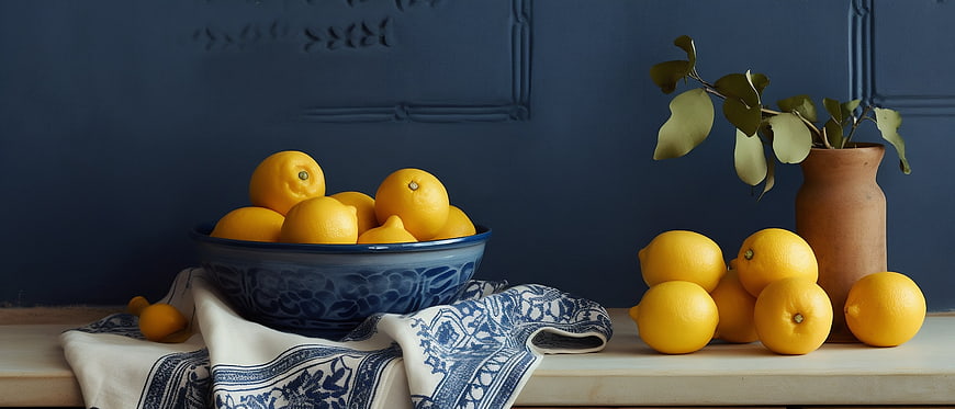 Fresh lemons in blue ceramic bowl on kitchen counter