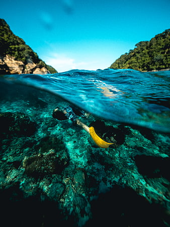 Snorkeler swimming underwater in tropical ocean cove