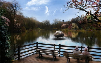 Senior couple sitting on park bench by lake with surreal floating rock