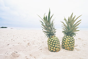 Two Fresh Pineapples on White Sandy Beach