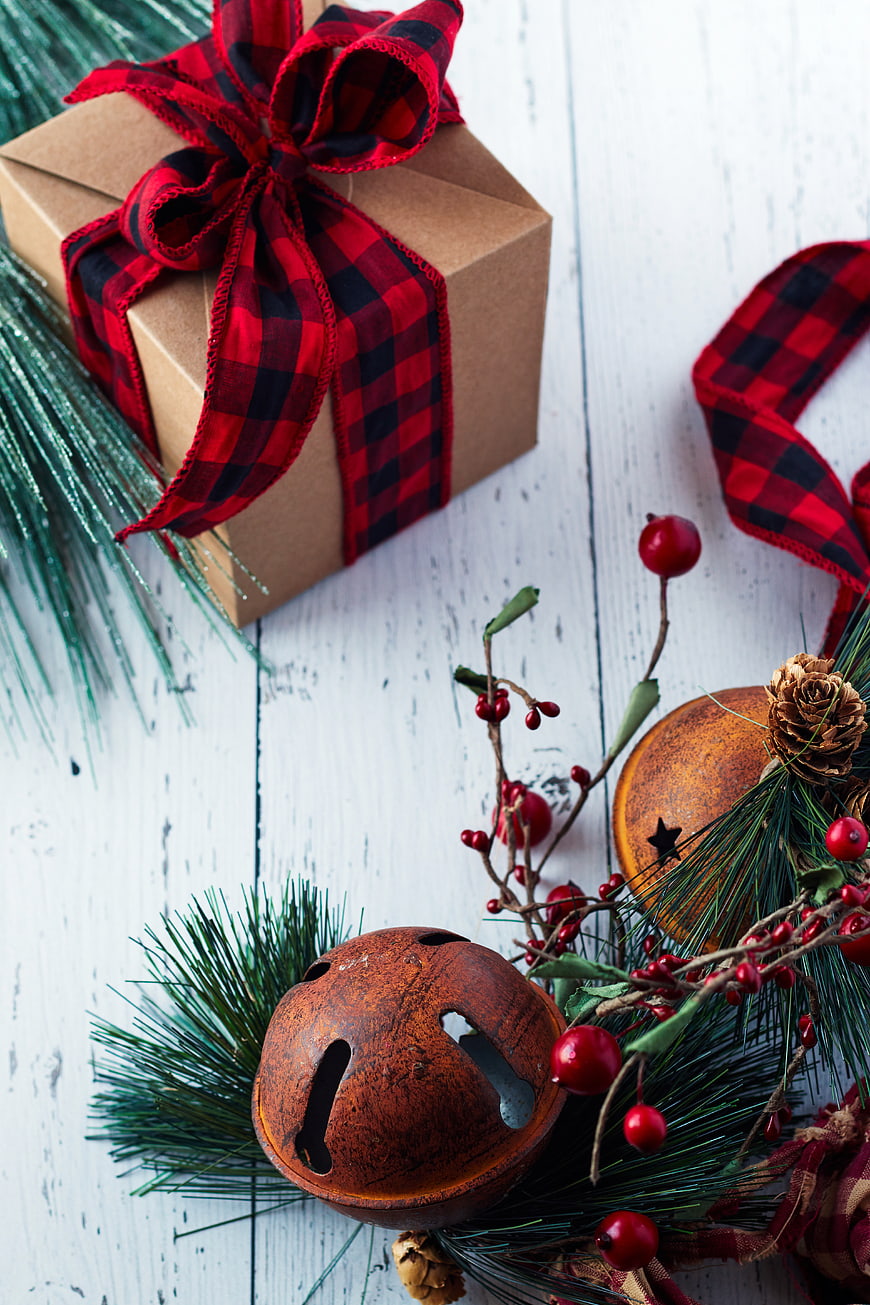 Rustic Christmas Gift Box with Red Plaid Ribbon and Bells