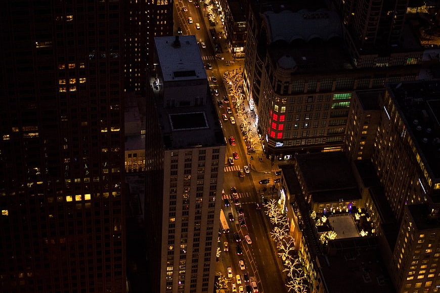 Aerial Night View of City Street with Holiday Lights
